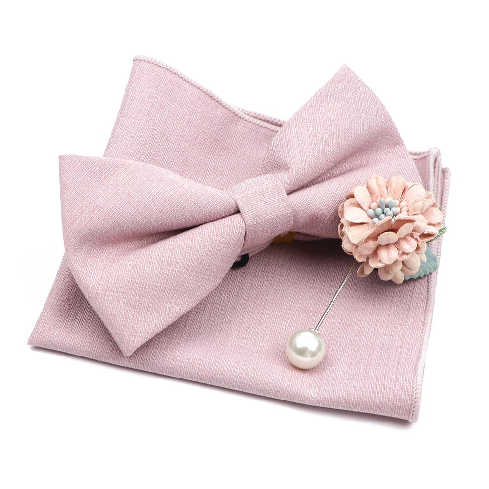 Mens Wedding Bowtie Brooch Set Romantic Solid Color Bamboo Fiber Bowknot Flower Lapel Pin Blue Pink Cravat Suit Shirt Accessory Good Vibrations