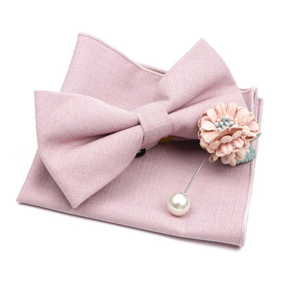 Mens Wedding Bowtie Brooch Set Romantic Solid Color Bamboo Fiber Bowknot Flower Lapel Pin Blue Pink Cravat Suit Shirt Accessory Good Vibrations