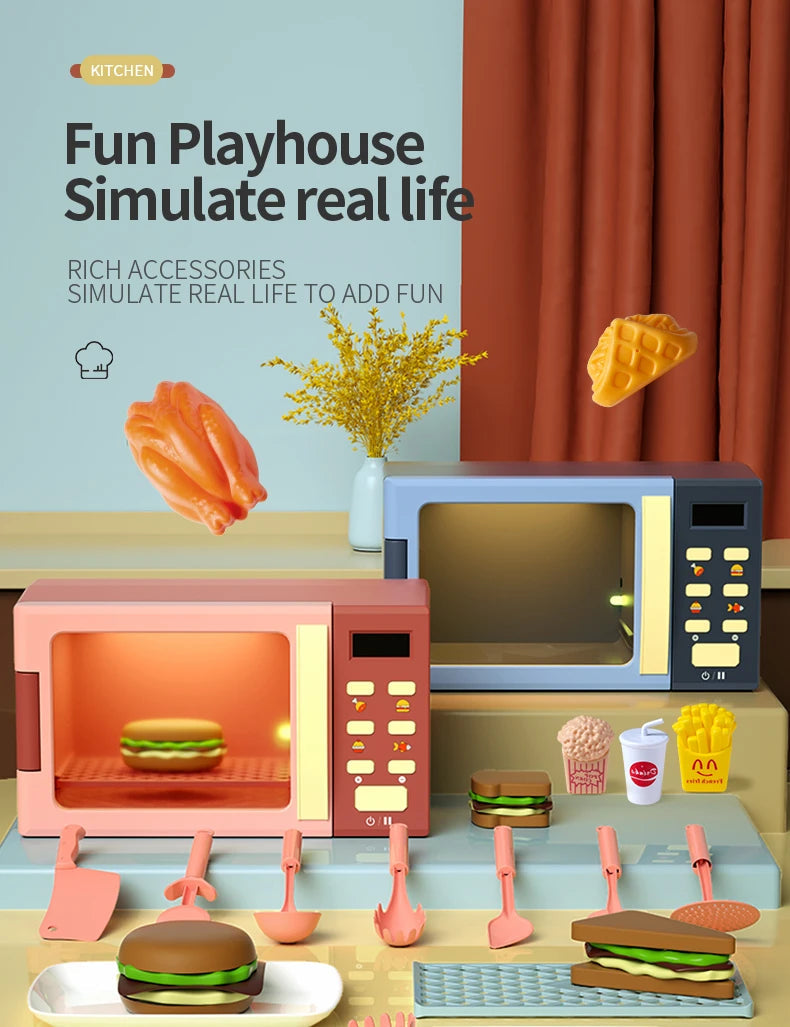 Toy Microwave Oven Playset with Light and Sound, Toy kitchen Appliances for Kids, Play kitchen accessories and Toy Food for Kids Good Vibrations