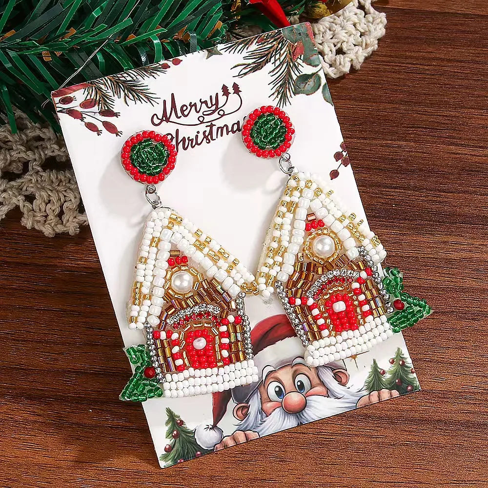1 Pair Of Fashionable Christmas House Rice Bead Earrings For Women's Party Exaggerated Personality Pure Handmade Bead Earrings Good Vibrations