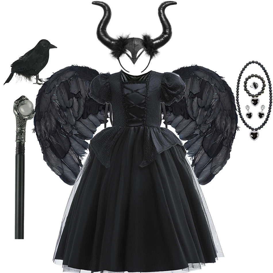 Halloween Costume For Kids Black Witch Dress Luxury Lace Sequin Evil Role Playing Costume Maleficent Dress Up Outfit Ghost Bride Good Vibrations