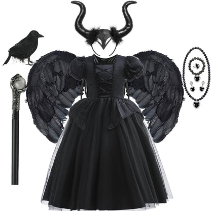 Halloween Costume For Kids Black Witch Dress Luxury Lace Sequin Evil Role Playing Costume Maleficent Dress Up Outfit Ghost Bride Good Vibrations