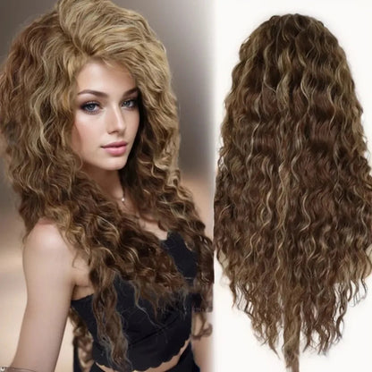 GNIMEGIL Synthetic Long Wave Cur Wigs Female Natural Brown Wig with Clip Free Part Side Bangs 80s Curly Wigs for Women Ombre Wig Good Vibrations