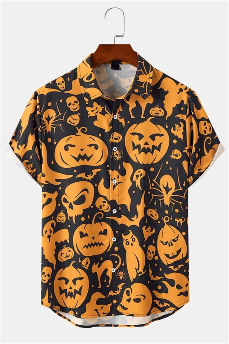Men's Fashion Halloween Shirt Summer Cute Style Men's Clothing Party Holiday Men Top Pumpkin Head Print Boys' Short Sleeve Shirt Good Vibrations