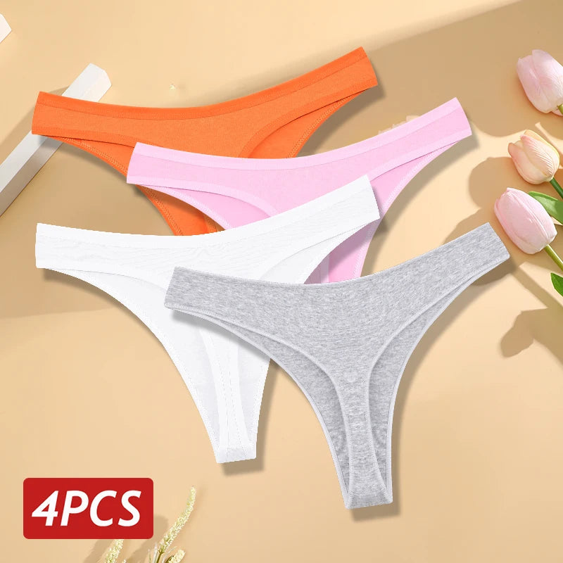 4PCS/Set Women Cotton Panties Seamless Low Rise Thongs V-Waist Solid Color Breathable Underwear Female Soft Lingerie Intimates Good Vibrations