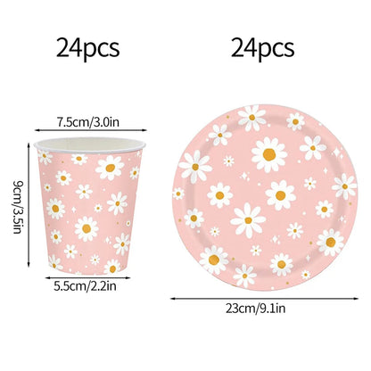 24pcs 7/9inch Pink Daisy Theme Disposable Tableware Flower Plate Napkin Straws Banner Birthday Party Baby Shower Wedding Decor Good Vibrations