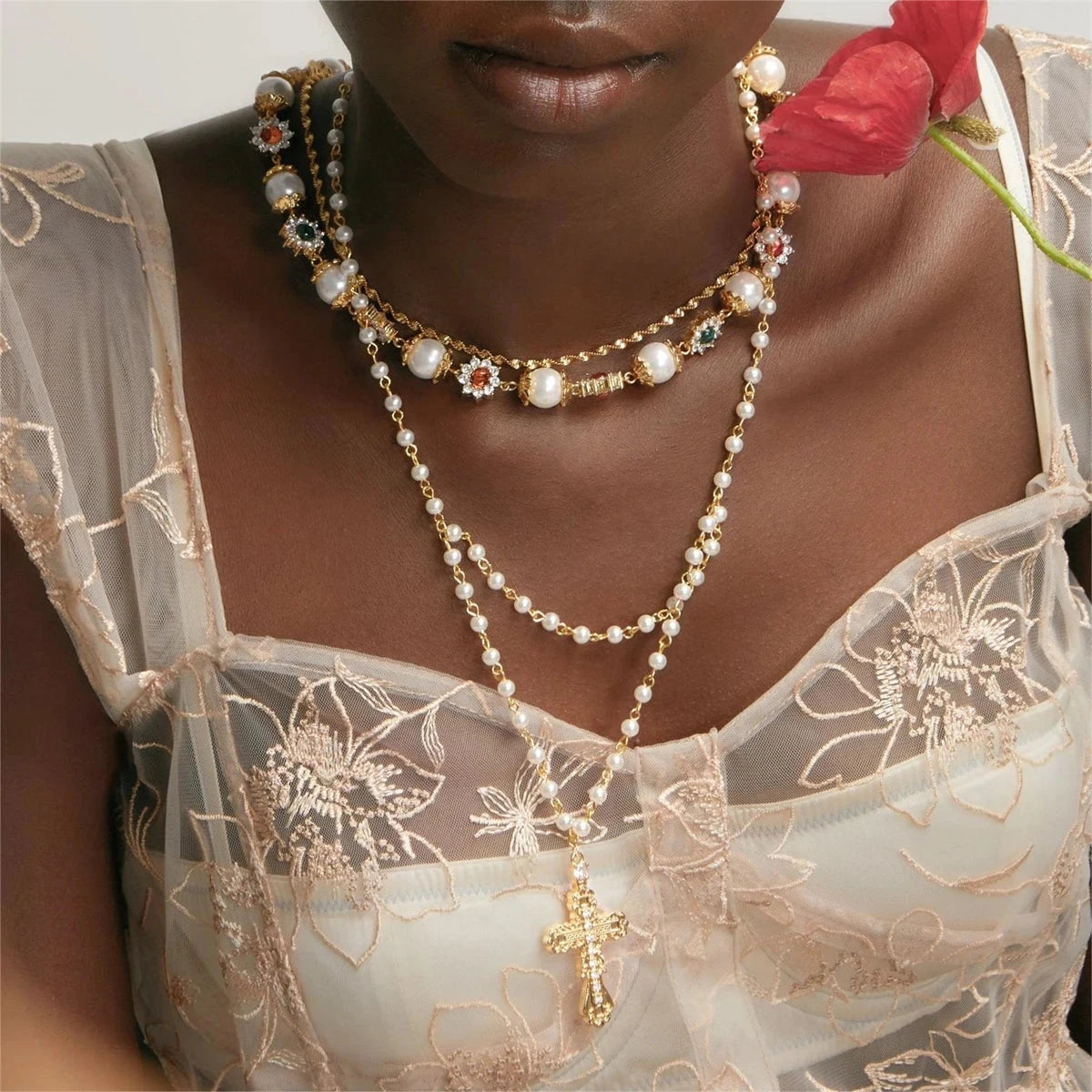 Cross necklace set, women's shell pearl, personalized minimalist necklace, punk style cross, gold-plated color preservation Good Vibrations