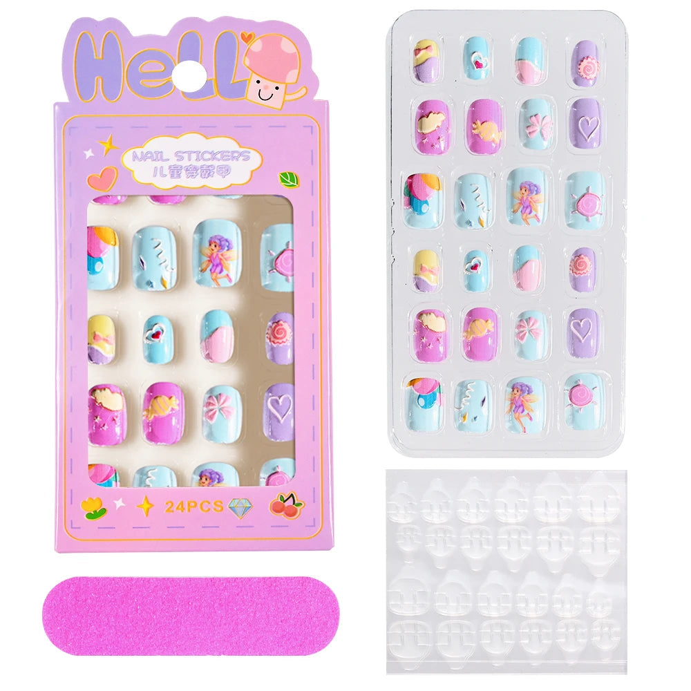 24Pcs/box Kids nails for Girl Cartoon Pattern False Nail Cute Child Fake Nails Tips Kawaii Acrylic Artificial Press on Nail+Tool Good Vibrations