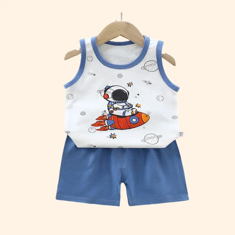Children Sets Kids Clothes Boys Girls Vest Suit  Summer Children's Clothing baby Cotton T-Shirts Shorts Tank Top Sleeveless Good Vibrations