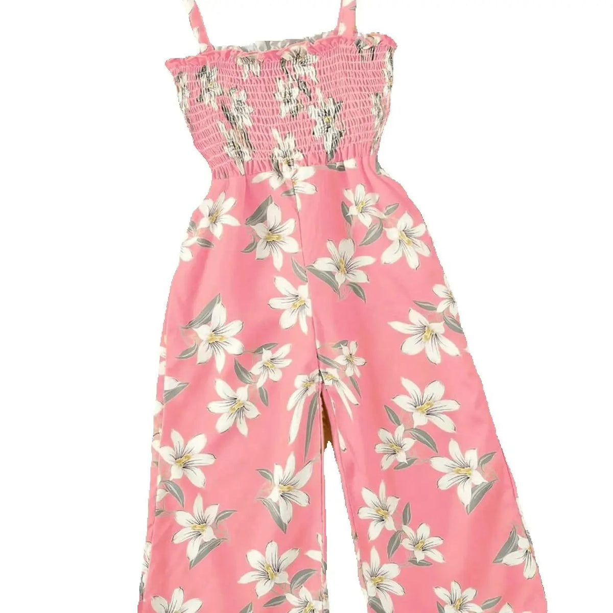 Summer fresh casual children's clothing, girls' pink lily print suspender, waist cinched wide leg pants, jumpsuit Good Vibrations
