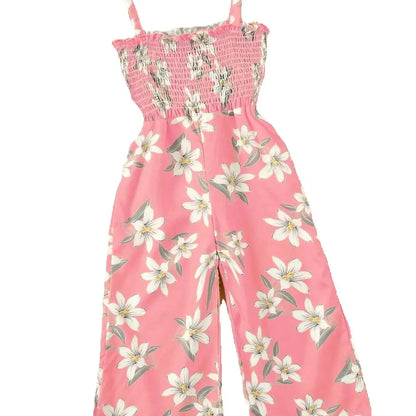 Summer fresh casual children's clothing, girls' pink lily print suspender, waist cinched wide leg pants, jumpsuit Good Vibrations