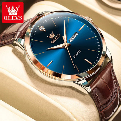 OLEVS 2935 Fashion Business Brand Men Watches Leather Strap Trend Week Calendar Quartz Watch Luminous Waterproof 43mm Dial Good Vibrations