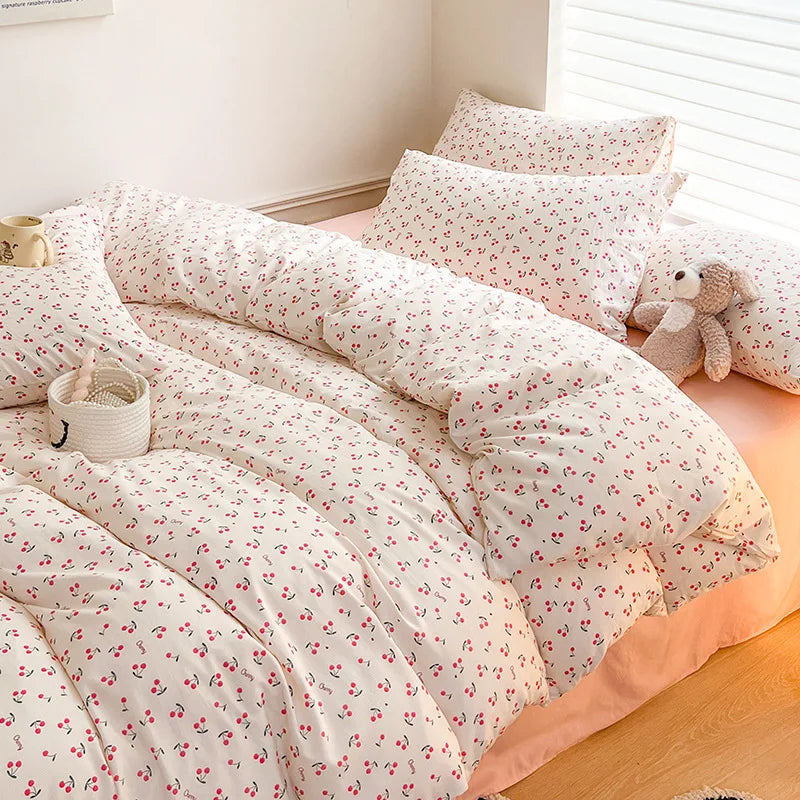 Ins Simple Flower Bed LinenTwin Full Queen King Size Bed Sheets Set  Adults Kids Floral Bed Comforter Sets Bed Duvets Kawaii Good Vibrations