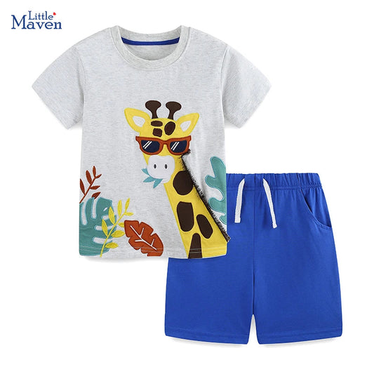Little maven Baby Boys Summer Sets Kids Clothes Children's Clothing 2026 Tracksuit Cotton Cartoon Giraffe T Shirts Tops+Pants Good Vibrations