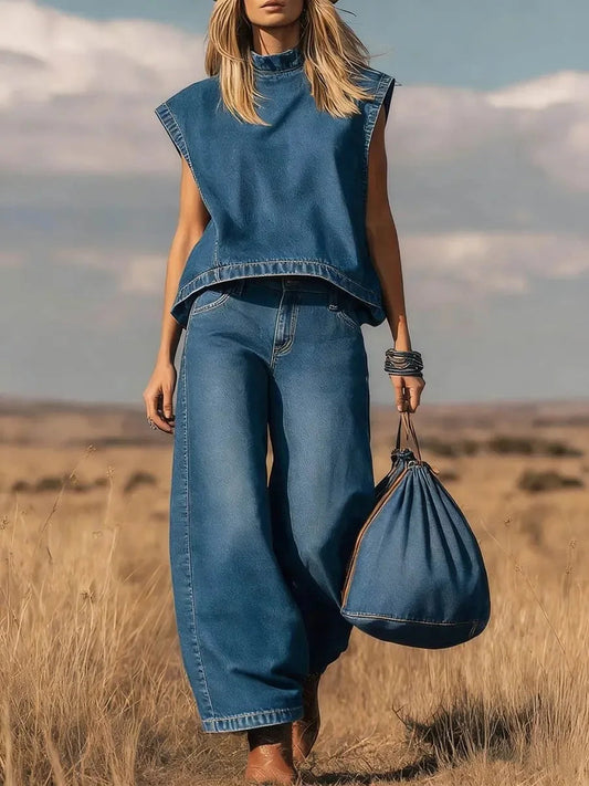 Denim Two Piece Set for Women Casual Solid Color Loose Simple Sleeveless Top Wide-leg Trousers Holiday Woman Matching Set Good Vibrations
