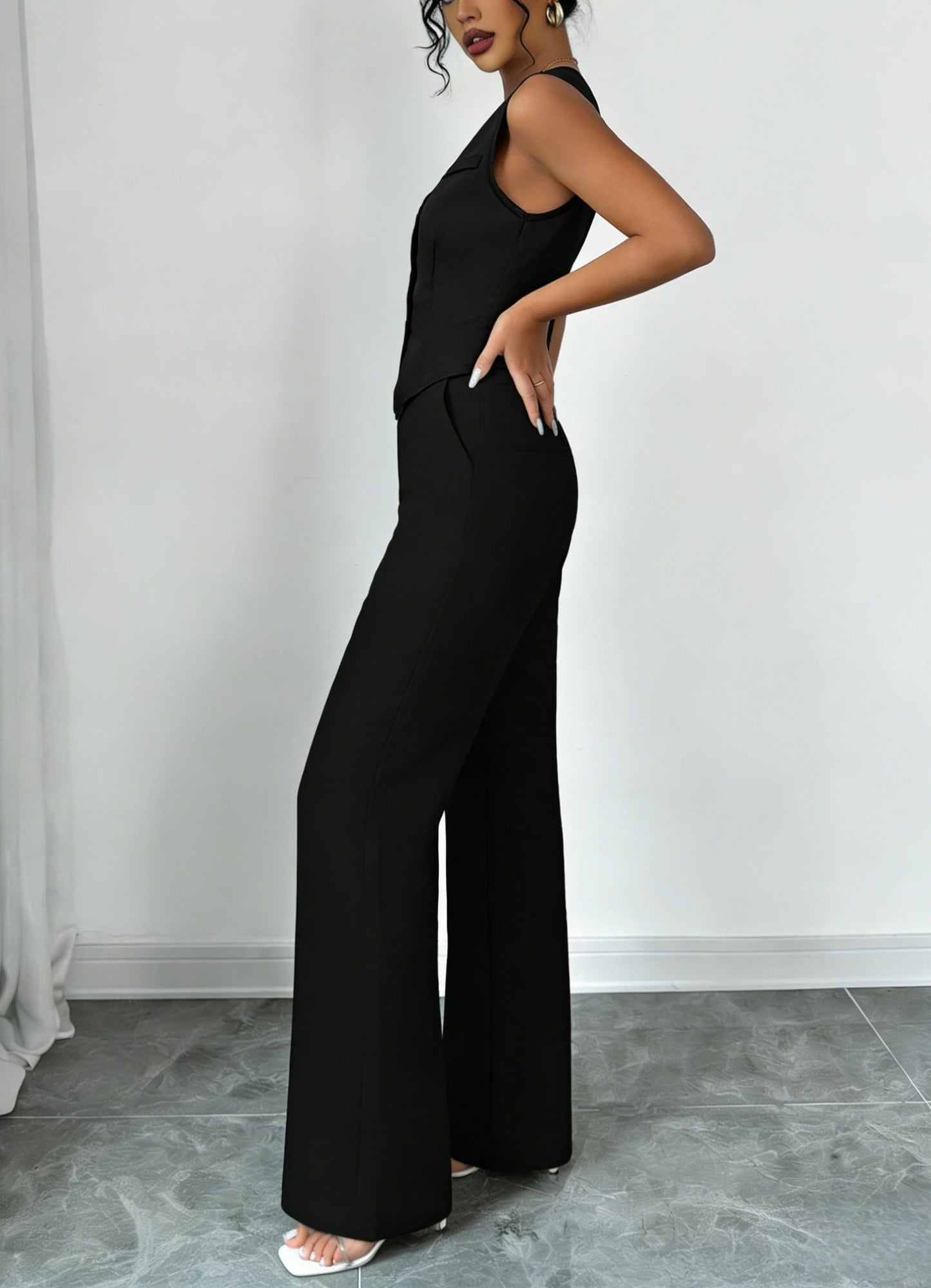 Women's Black Two Piece Outfit Sleeveless V Neck Vest Blazer High Waist Wide Leg Pants Elegant Office Spring Summer Suit Set Good Vibrations