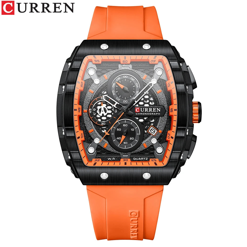 CURREN Sports Unique Rectangular Watches with Large Dial Casual Quartz Silicone Bands Wristwatches with Auto Date Good Vibrations