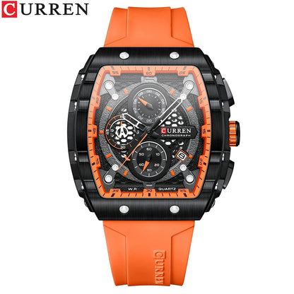 CURREN Sports Unique Rectangular Watches with Large Dial Casual Quartz Silicone Bands Wristwatches with Auto Date Good Vibrations
