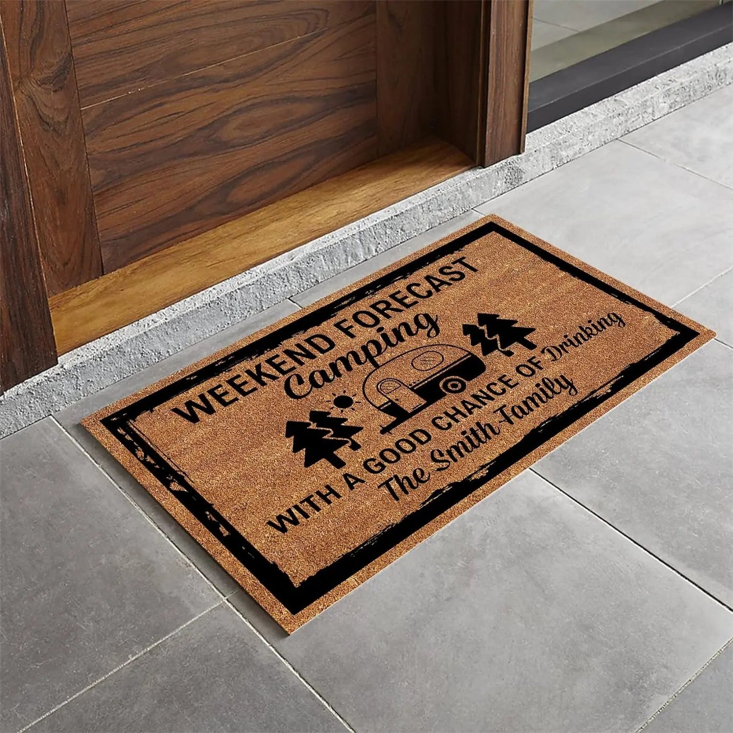 Camper Door Mat Personalized Family Name "Weekend Forecast Camping With A Good Chance Of Drinking"Quote Rubber Doormat Good Vibrations