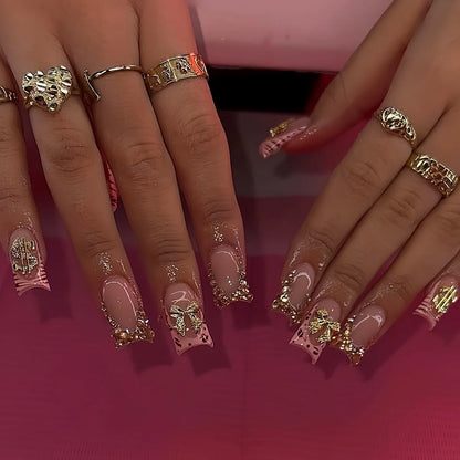 24pcs Nude Pink Sweet Fake Nails Short Duckbill Leopard Print French False Nails With 3D Bowknots Butterfly Cherry Press On Nail Good Vibrations