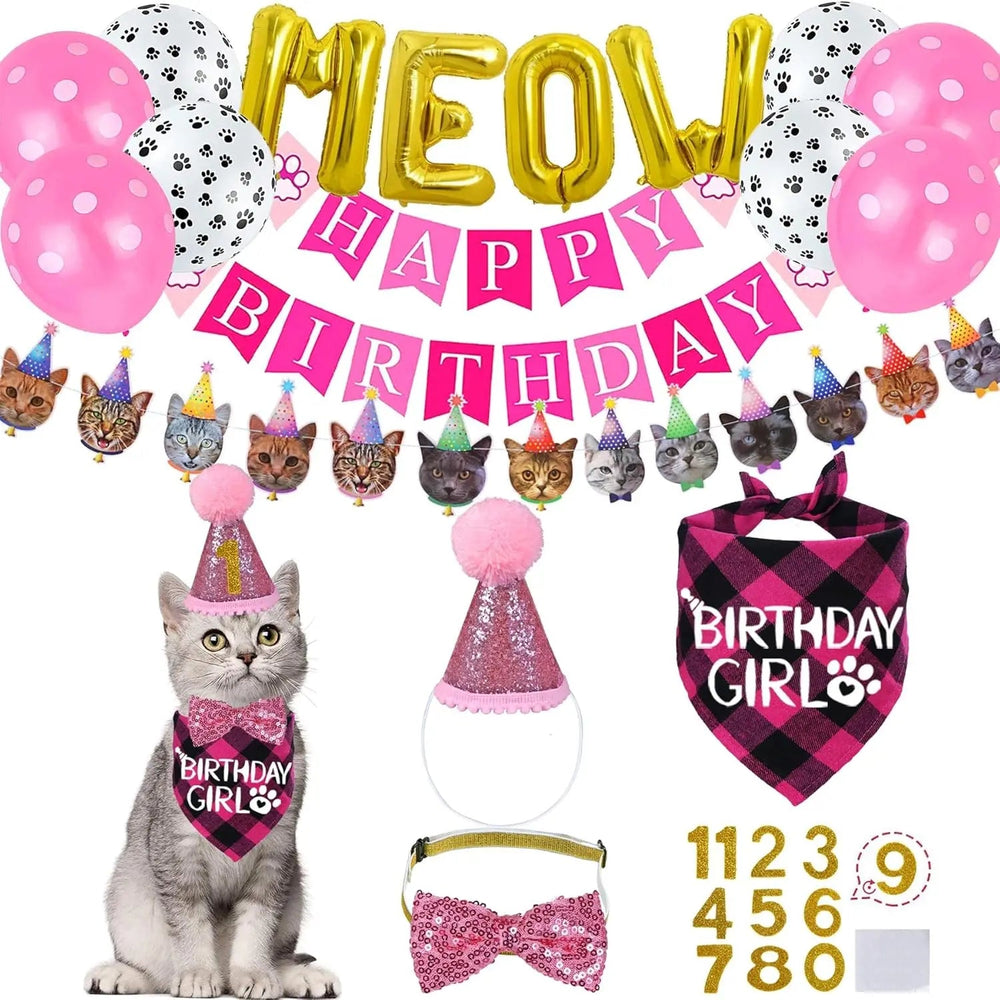 Cat Birthday Party Supplies,Cat Birthday Hat with Cat Birthday Bandana Bow Tie Collar Birthday Number Cat Birthday Decorations Good Vibrations