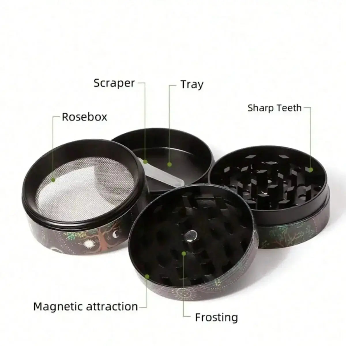 40/50mm leopard print 4-layer herb grinder with magnetic lid and sharp teeth.