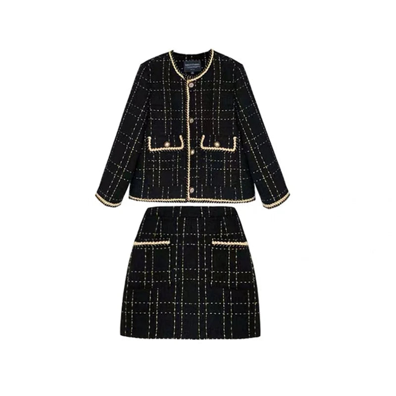 Women Fried Street Tweed Suit 2023 New Spring Autumn Wool Jacket + Skirt Female Fashion Loose Tweed Skirts Two-Piece Set Good Vibrations
