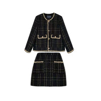 Women Fried Street Tweed Suit 2023 New Spring Autumn Wool Jacket + Skirt Female Fashion Loose Tweed Skirts Two-Piece Set Good Vibrations