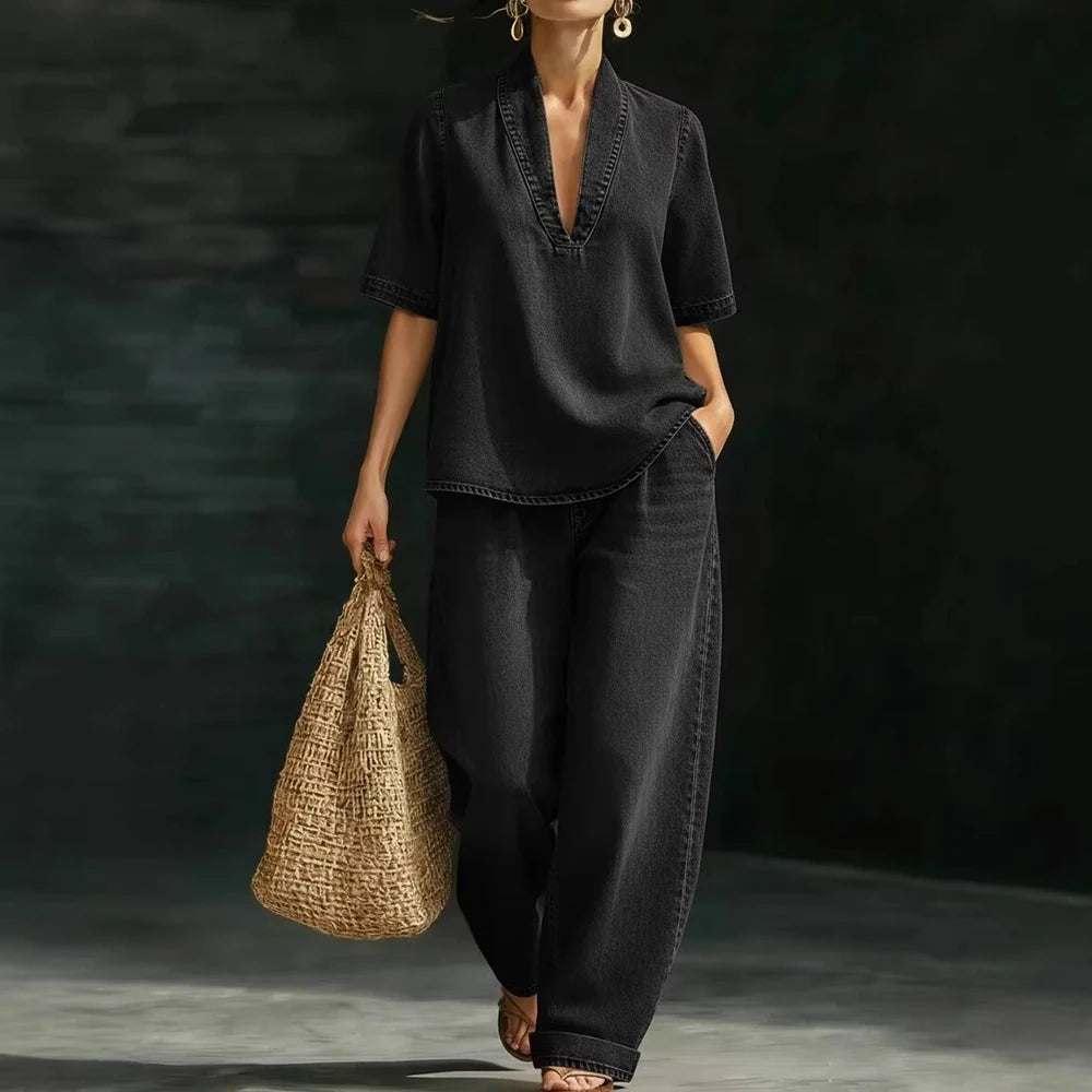 Women Denim Two Piece Set V Neck Half Sleeve Top T-Shirt Loose Wide Leg Pants Casual Outfit Streetwear Fashion Summer Suit Sets Good Vibrations