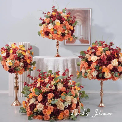 Orange Red Rose Artificial Flowers Wedding Table Decoration Road Lead Flower Ball Tbale Centerpieces Event Party Floral Props