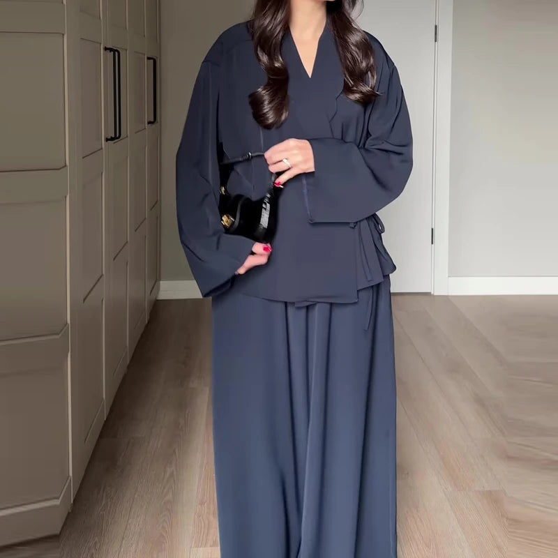Women's Casual Party Outfit Vintage Solid Loose Autumn Suit New 2026 Elegant V Neck Long Sleeved Top & Wide Leg Pants Two Piece Good Vibrations