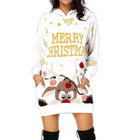 Plus Size Women's Casual Christmas Printed Long Sleeve Pocket Hooded Sweatshirt Loose Dresses Good Vibrations