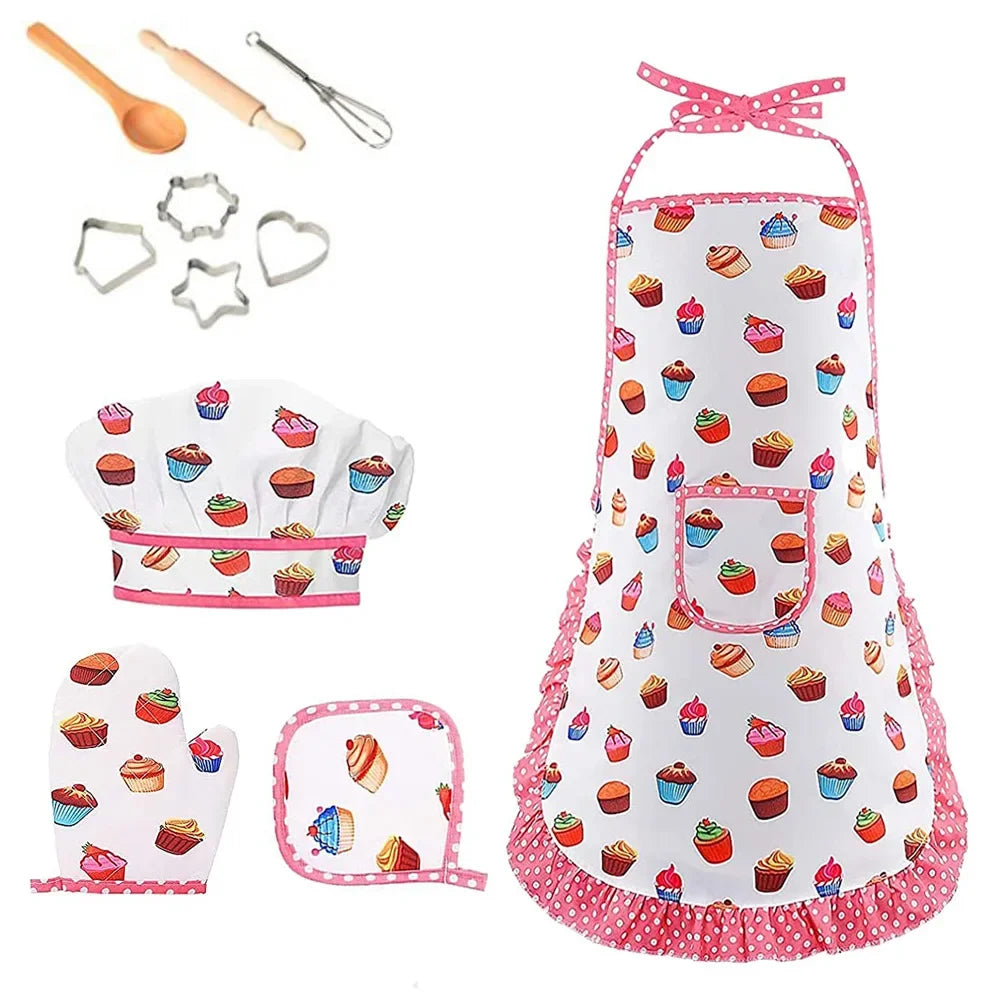 Apron for Little Girls 4/11Pcs Kids Kitchen Cooking Baking Pretend Play Set Simulation Pink Chef Baking Tool Play House Toys Good Vibrations