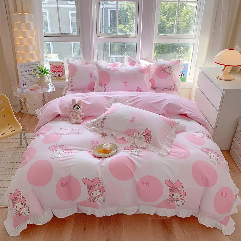 Sanrio Kids Bedding Set Kuromi Cinnamoroll Mymelody Duvet Cover Bed Sheet Pillowcase Bedsheet Double Single King Queen Twin Size Good Vibrations