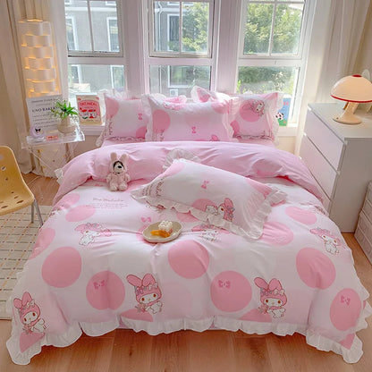 Sanrio Kids Bedding Set Kuromi Cinnamoroll Mymelody Duvet Cover Bed Sheet Pillowcase Bedsheet Double Single King Queen Twin Size Good Vibrations