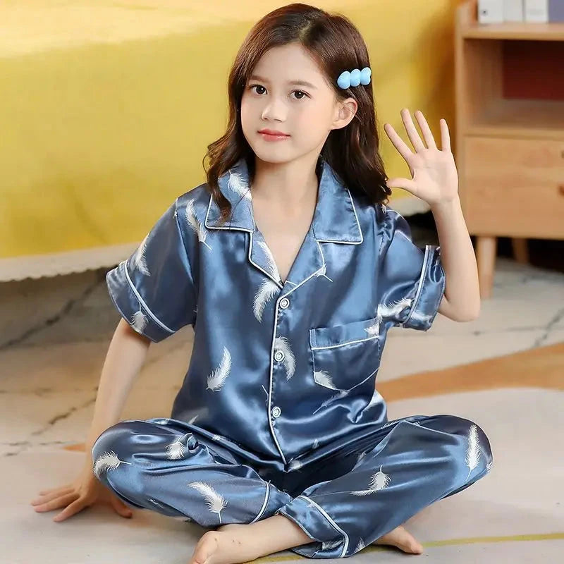 New Kids Spring Autumn Silk Satin Pajamas Set Girls Cartoon Button-Down Long Sleeve 2 Pieces Tops+Pants Sleepwear Pyjama Clothes Good Vibrations