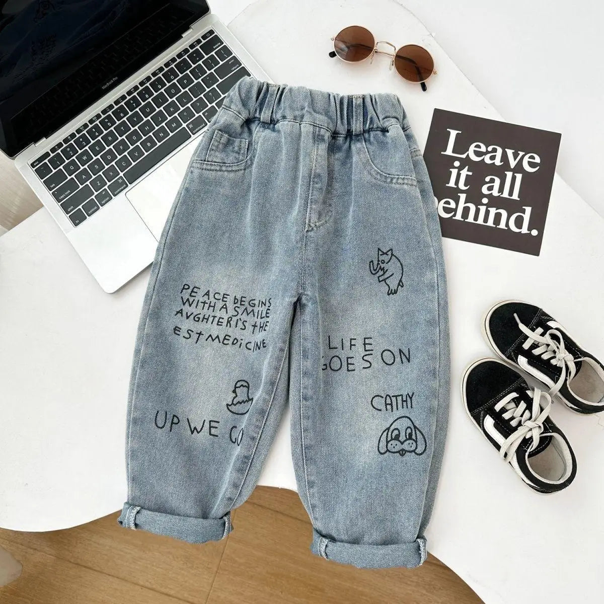 New Spring Autumn Childrens Boys Casual Trousers Foreign Side Pockets Polished Boys Jeans Stretch Versatile Kids Boys Pants Good Vibrations