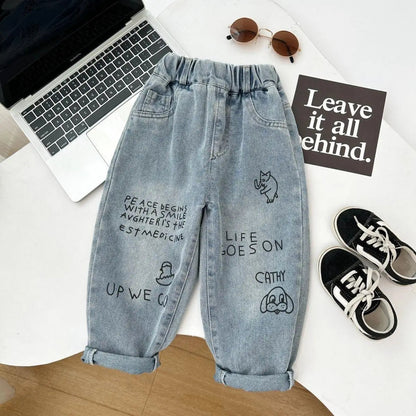New Spring Autumn Childrens Boys Casual Trousers Foreign Side Pockets Polished Boys Jeans Stretch Versatile Kids Boys Pants Good Vibrations
