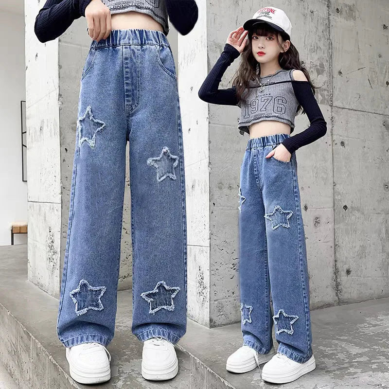 2-12 Years Spring  Autumn Girls Jeans Pentagram Decoration Long Denim Pants For Kids Children Outdoor Wear Straight Trousers Good Vibrations