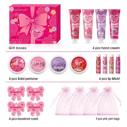 Gift sets 20PCS/box bulk thank you gifts assembly distribution lip balm hand cream perfume pink gift bag and bow card Good Vibrations