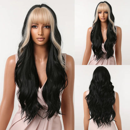 Ginger Orange Synthetic Wigs for Black Women Long Wavy Wigs with Bangs Cosplay Colored Hair Heat Resistant Body Wave Party Wig Good Vibrations