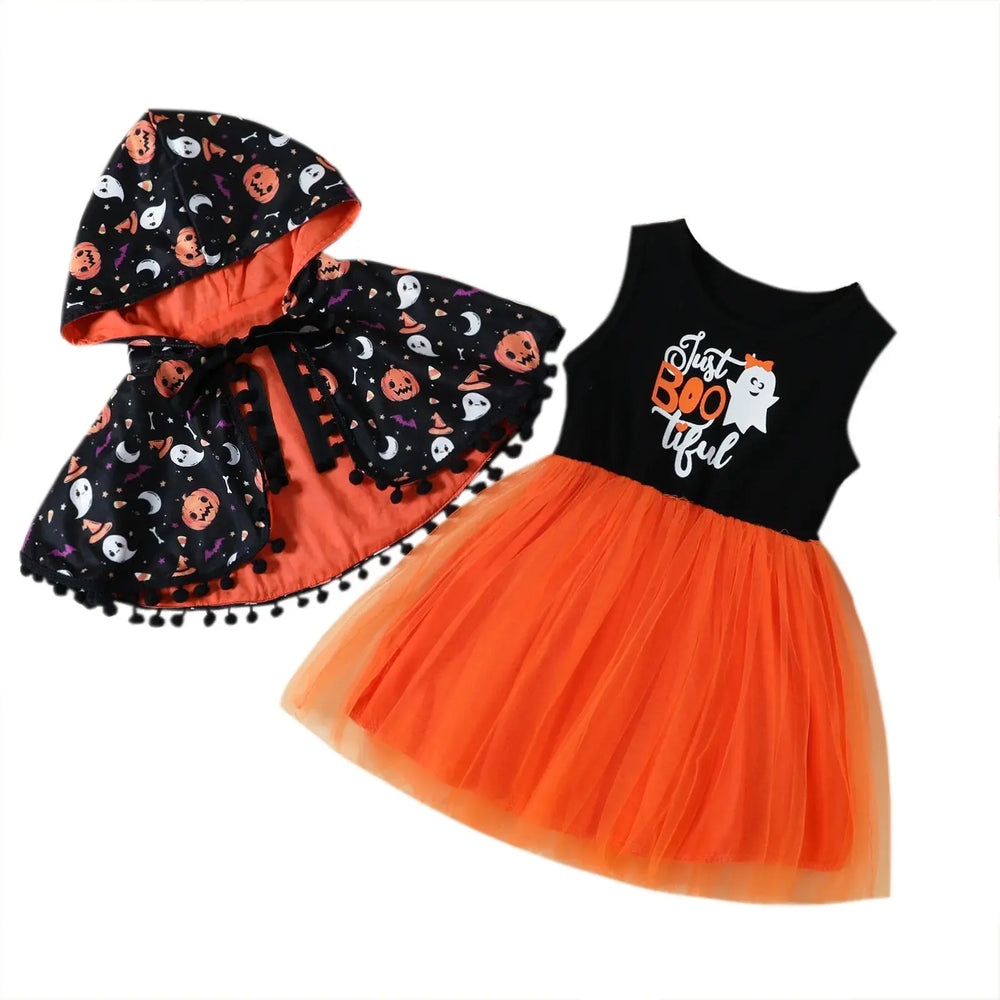 MINISO Pumpkin Ghost Face Halloween Costume Girl Cartoon Cape Mesh Vest Dress Set Autumn Festival Outfit Party Clothes 3-8 Years Good Vibrations