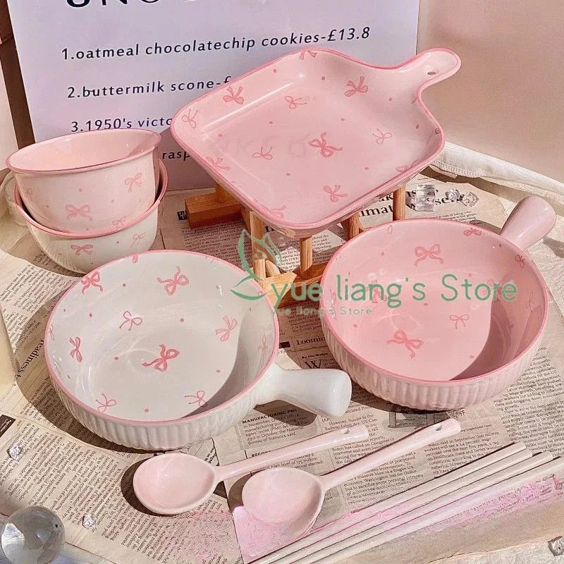 Pink Bow Ceramic Cutlery Set, Dessert Home Tableware Ceramic Handle Bowl Yogurt Cup High Value Breakfast Plate Drinkware Good Vibrations