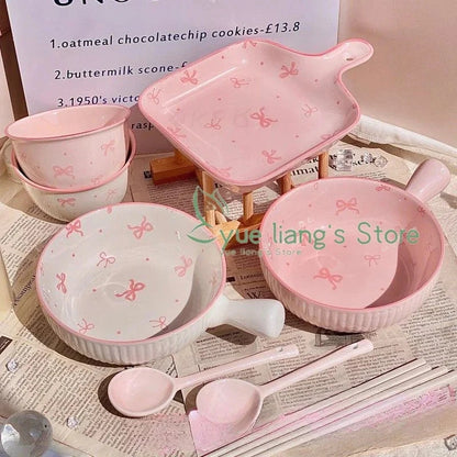 Pink Bow Ceramic Cutlery Set, Dessert Home Tableware Ceramic Handle Bowl Yogurt Cup High Value Breakfast Plate Drinkware Good Vibrations
