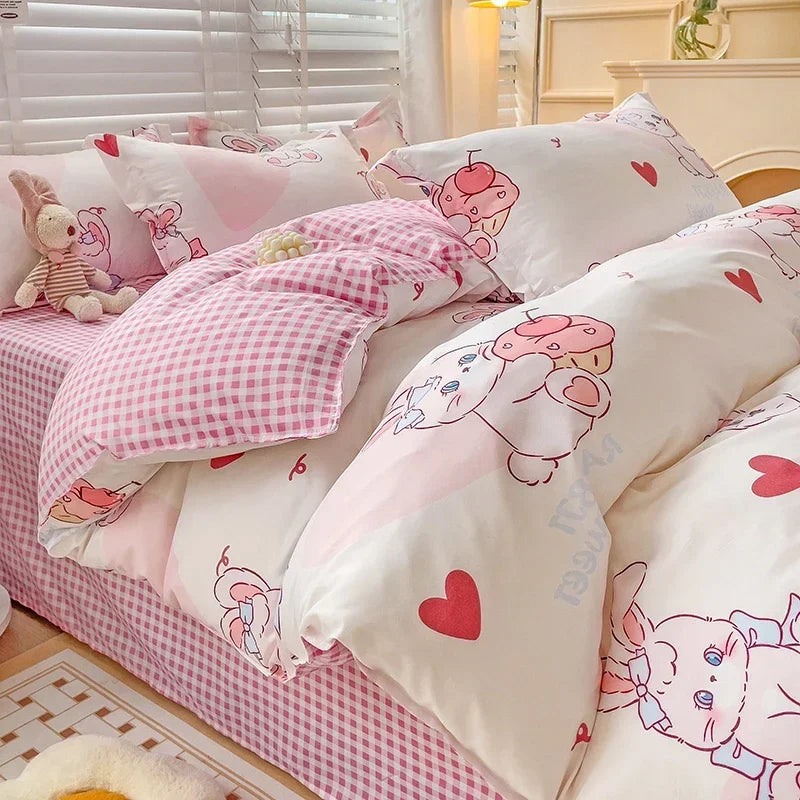 Cartoon Style Bed Sheet Set For Kids Cute Bunny Printed Bedding Set Breathable Durable постельное белье 이불세트 Queen/King Bedding Good Vibrations