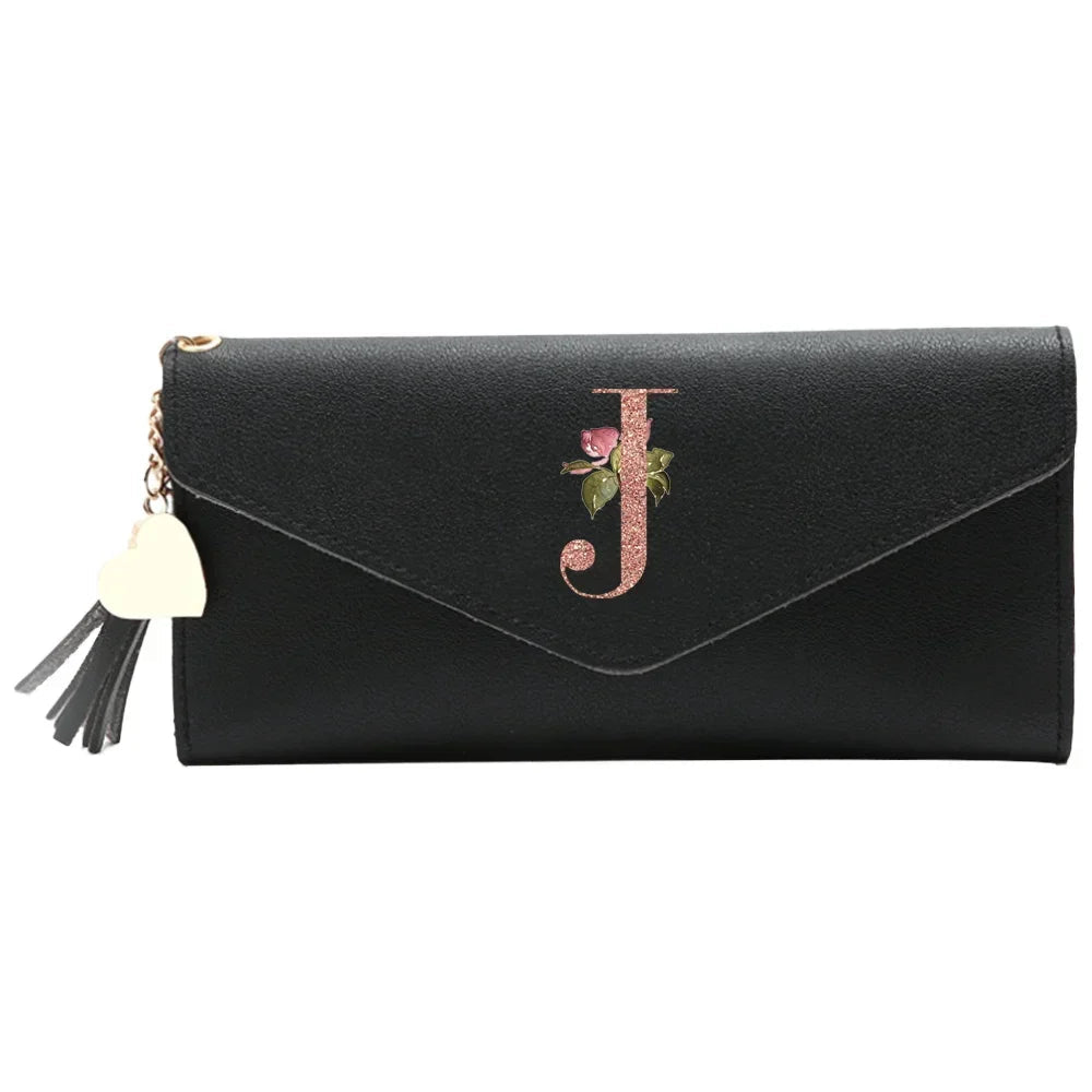 Wallet Black Small Leather Coin Purse Rfid Blocking Wallet Rose Gold Pattern Mini Purse with ID Window for Women Good Vibrations