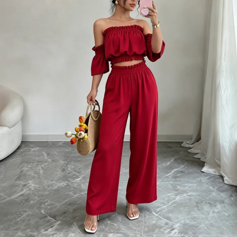 Women's 2 Piece Outfit Off Shoulder Ruffle Crop Top and Wide Leg Pants Set Casual Summer Vacation Party Loungewear Tracksuit Good Vibrations