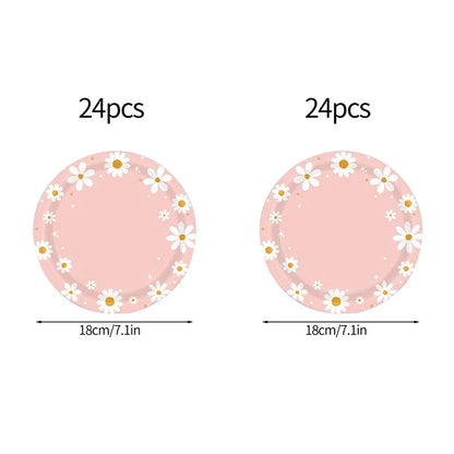 24pcs 7/9inch Pink Daisy Theme Disposable Tableware Flower Plate Napkin Straws Banner Birthday Party Baby Shower Wedding Decor Good Vibrations