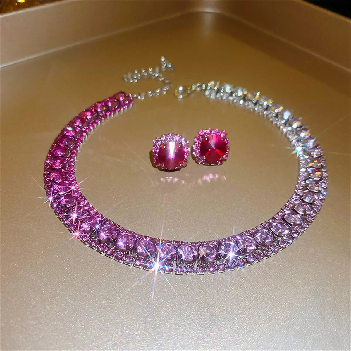 Luxury Crystal Necklace Earrings Set Pink ABcolourful Necklace for Women Weddings Party Jewelry Sets Accessories Good Vibrations Adult Super Store