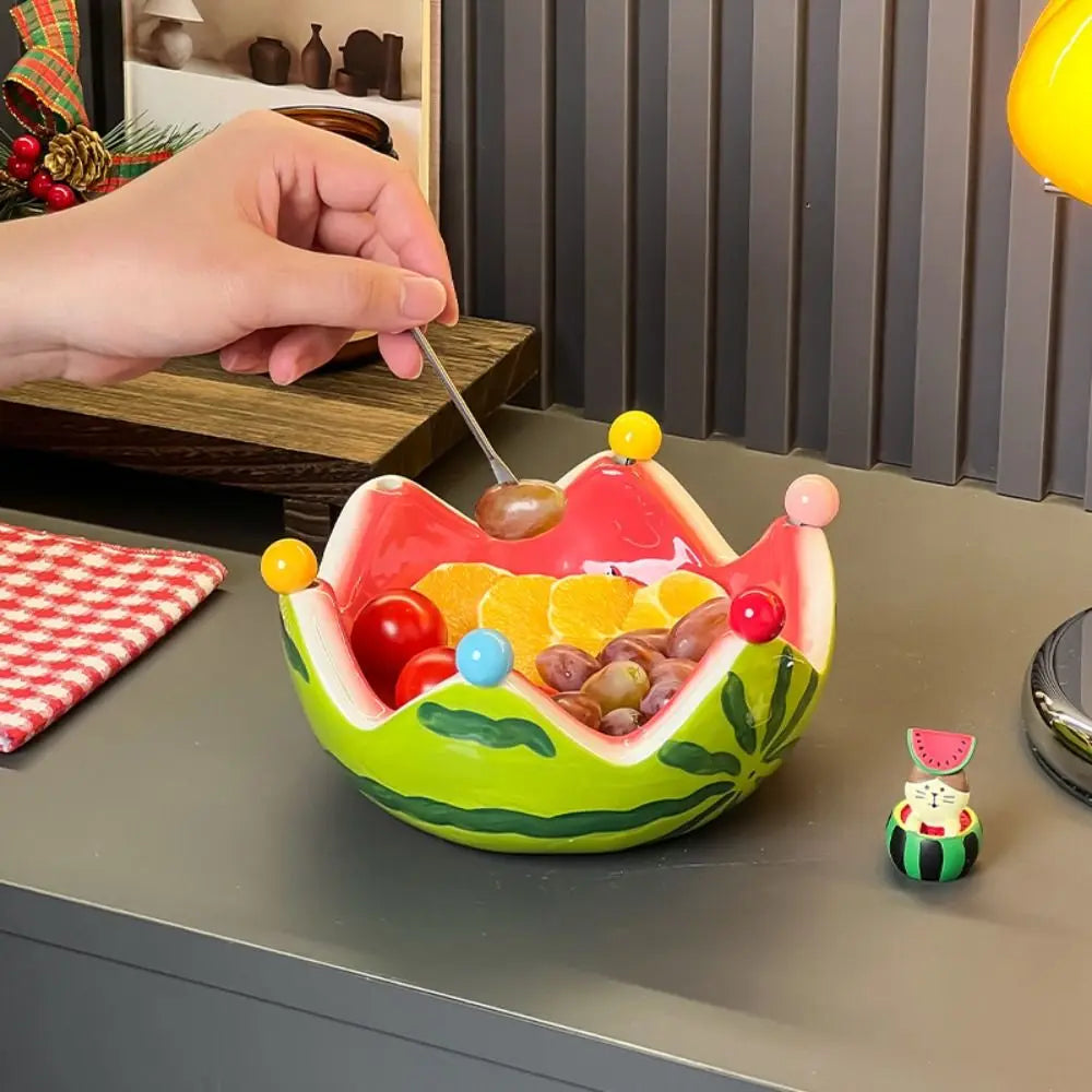 Ceramic Watermelon Shape Fruit Plate Cute Large Capacity Fruit Fork Dish with Forks Dessert Salad Bowl Cake Good Vibrations